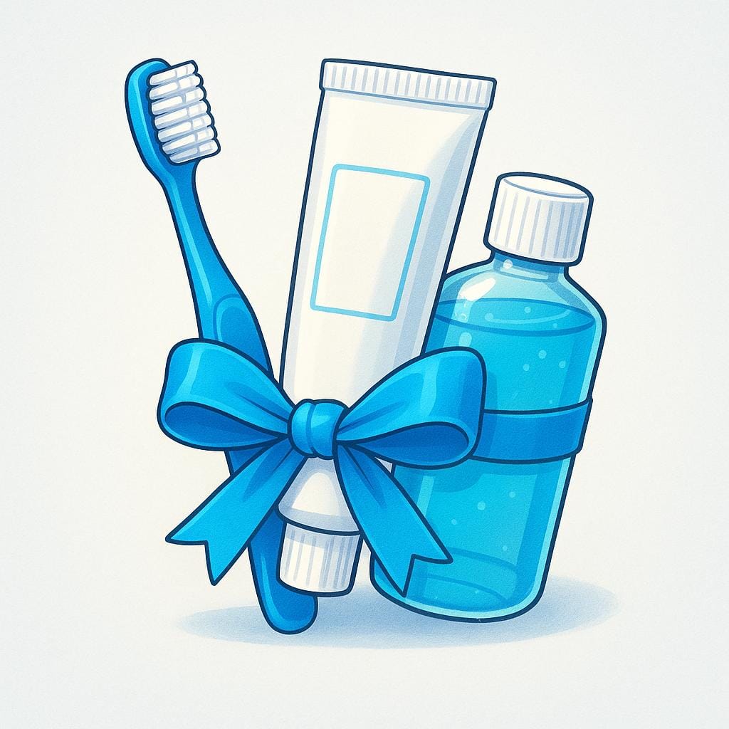 A commercial bundle featuring three distinct items—a toothbrush, a tube of toothpaste, and a bottle of mouthwash—tied together with a bright blue ribbon.