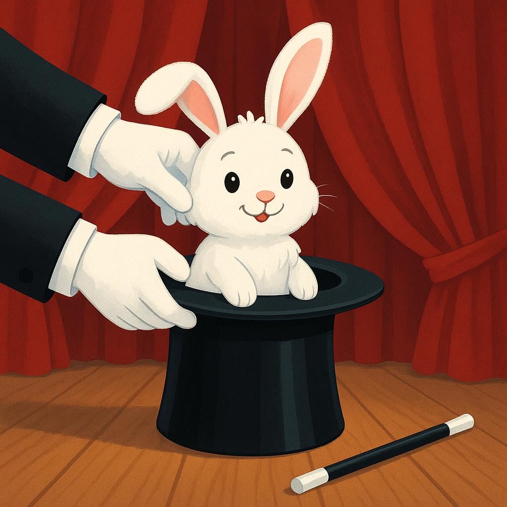 A pair of hands wearing white gloves pulling a white rabbit out of a black top hat.