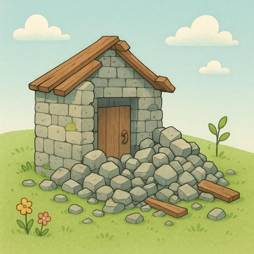 Een simplistische illustratie van een kleine stenen constructie die gedeeltelijk is verwoest en nu een hoop puin is, wat fysieke vernietiging uitbeeldt.