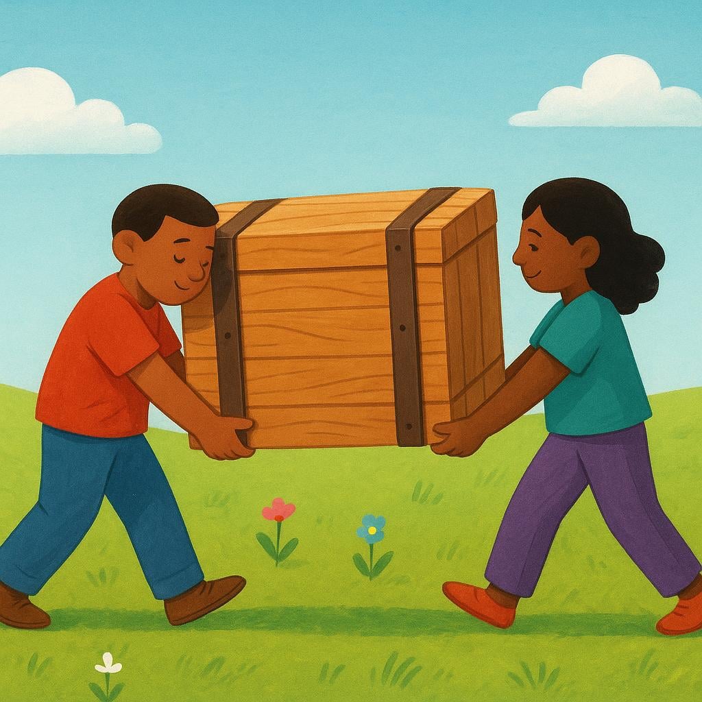 Two figures, possibly travelers, carrying a heavy, large wooden box together across an open field.