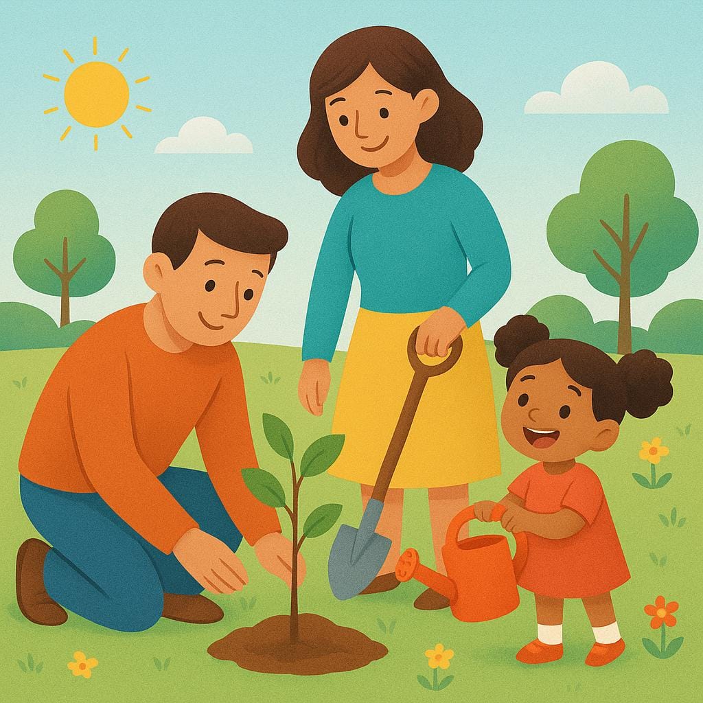 A group of three cheerful individuals, two adults and one child, happily planting a small sapling in a sunny community garden, symbolizing people offering help.