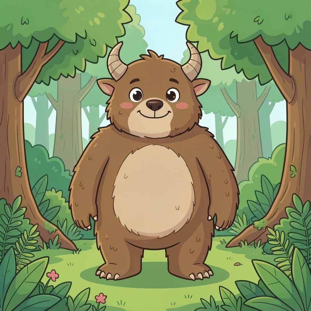 A powerful, large mythical creature with thick fur and horns standing in a forest.