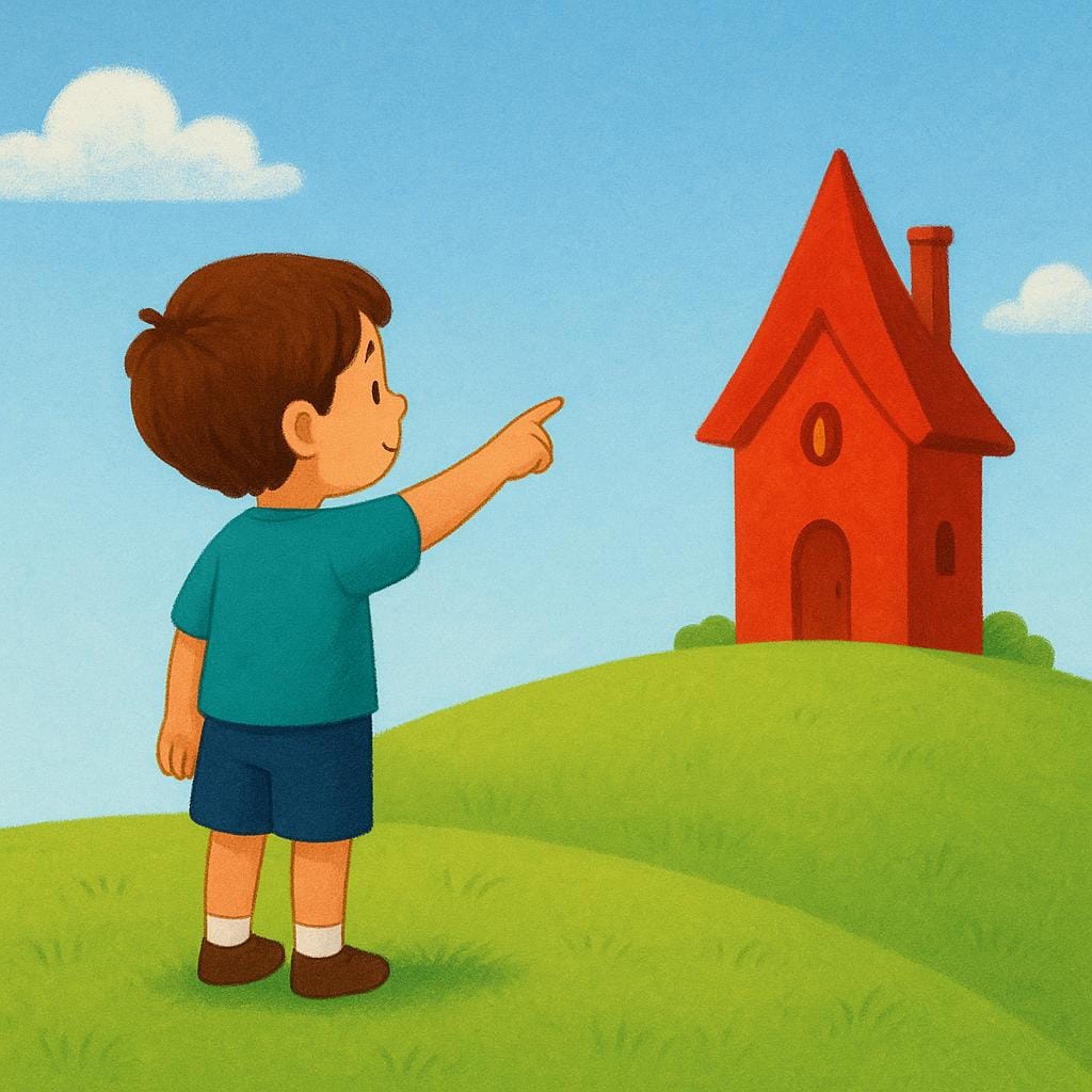 丘の上にいる子供が遠くの赤い家を指差している絵本風のイラスト。未来の場所を示唆しています。