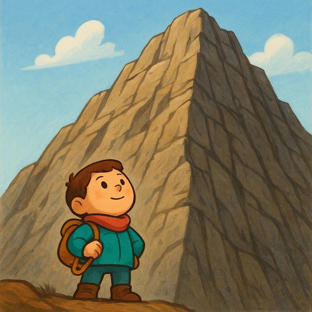 A small, determined storybook character stands before a gigantic, rugged, and impossibly steep mountain face, symbolizing a difficult task.