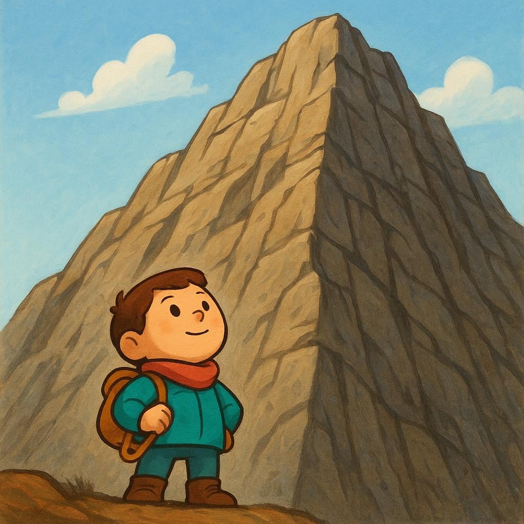 A small, determined storybook character stands before a gigantic, rugged, and impossibly steep mountain face, symbolizing a difficult task.