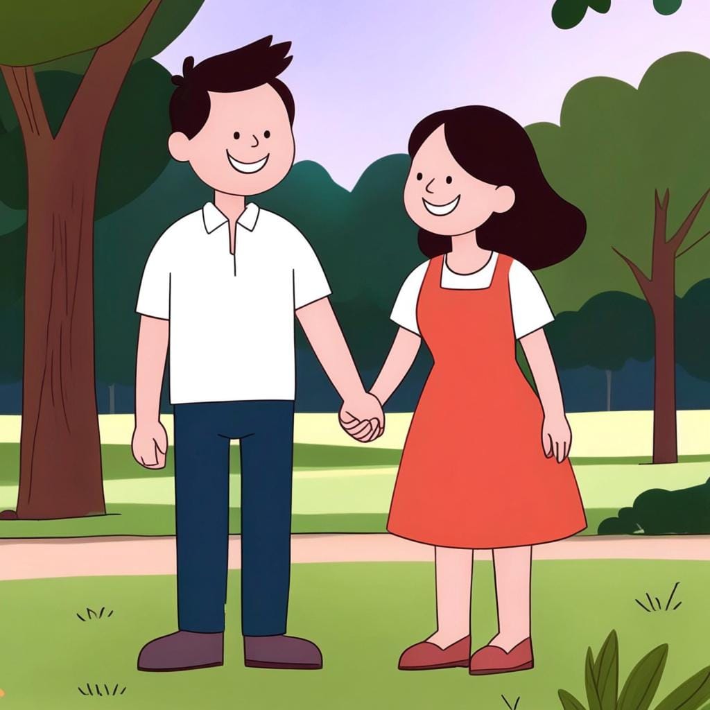 A colorful illustration of a smiling man and woman holding hands, representing a married couple.