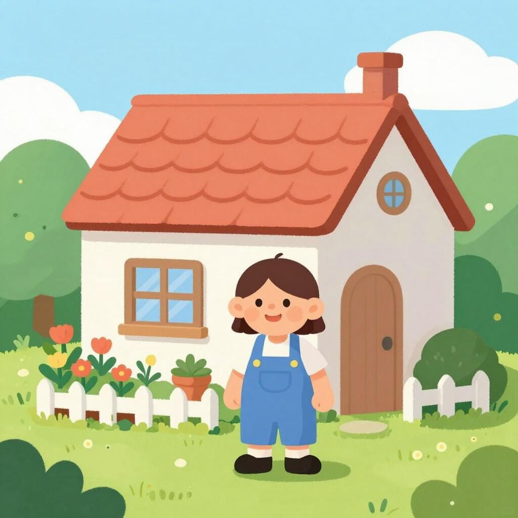 A friendly person standing comfortably in front of their small, cozy house.
