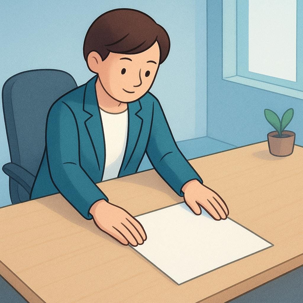 A stylized illustration of a professional person placing a simple, unsigned document onto an empty, clean desk in a quiet office, symbolizing a formal resignation.