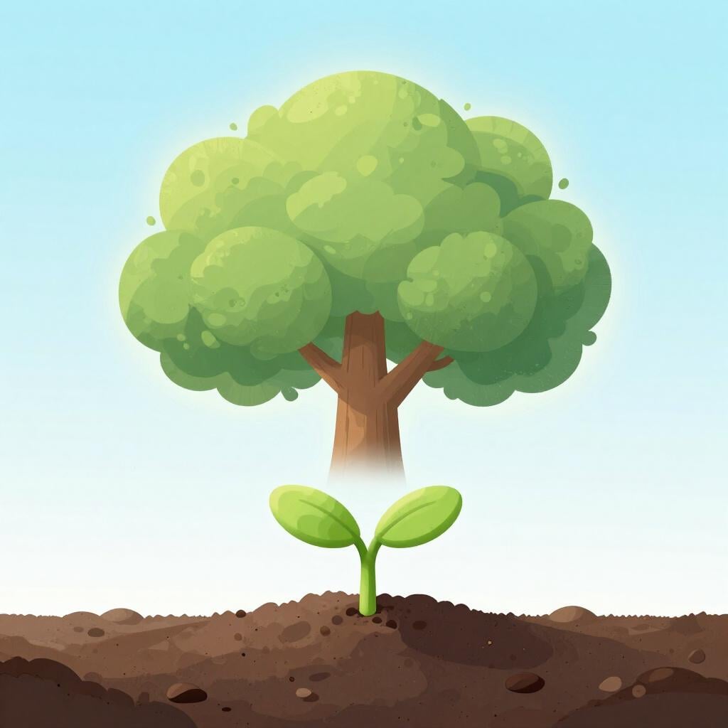A small sprout growing in the soil with a faint, glowing silhouette of a large leafy tree surrounding it.