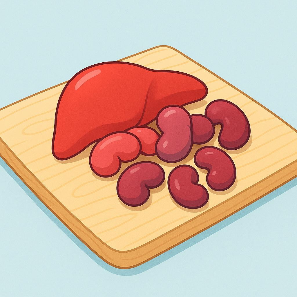 A collection of stylized, colorful edible offal, including pieces of liver and kidneys, resting on a clean wooden cutting board.