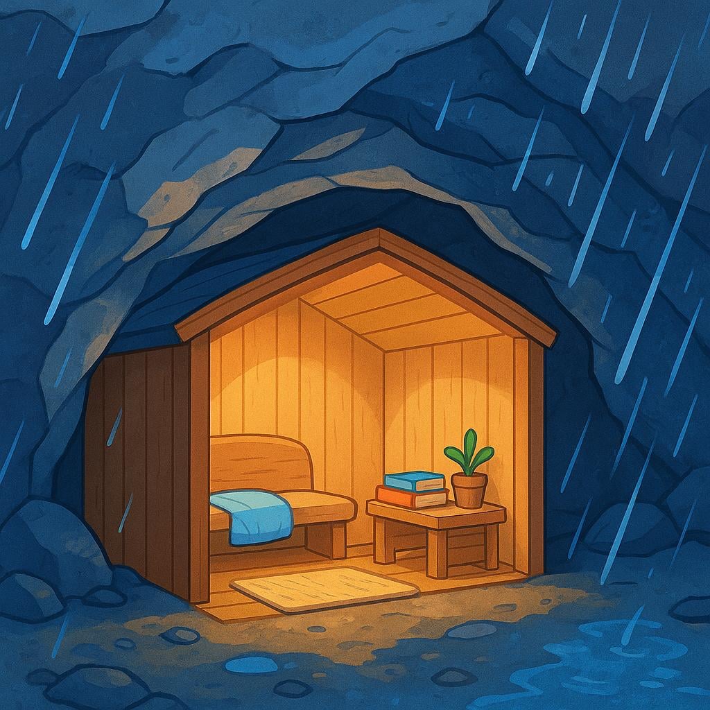 A small, sturdy wooden cabin sits safely inside a cave opening while heavy rain falls outside, illustrating a place of refuge.