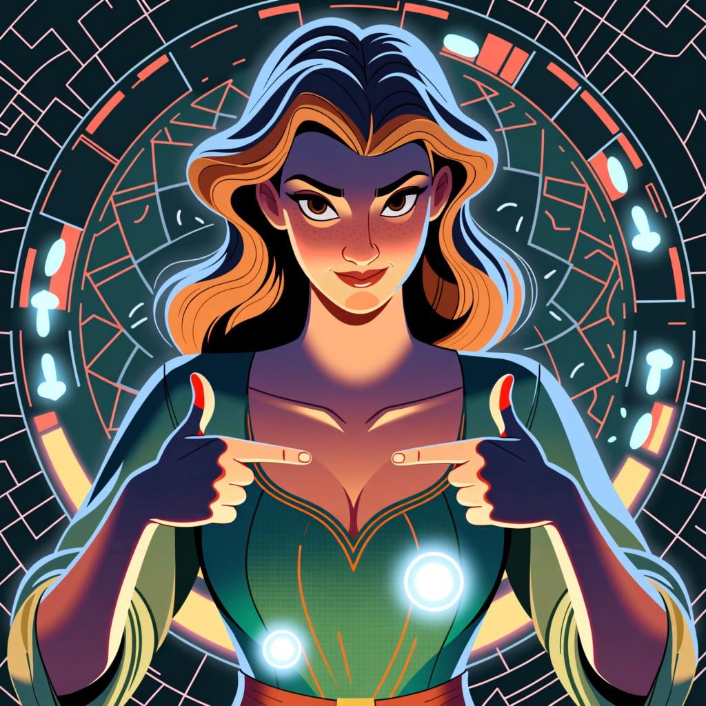 A proud woman pointing to her own chest with both thumbs, with a subtle glow around her to indicate she did something herself.