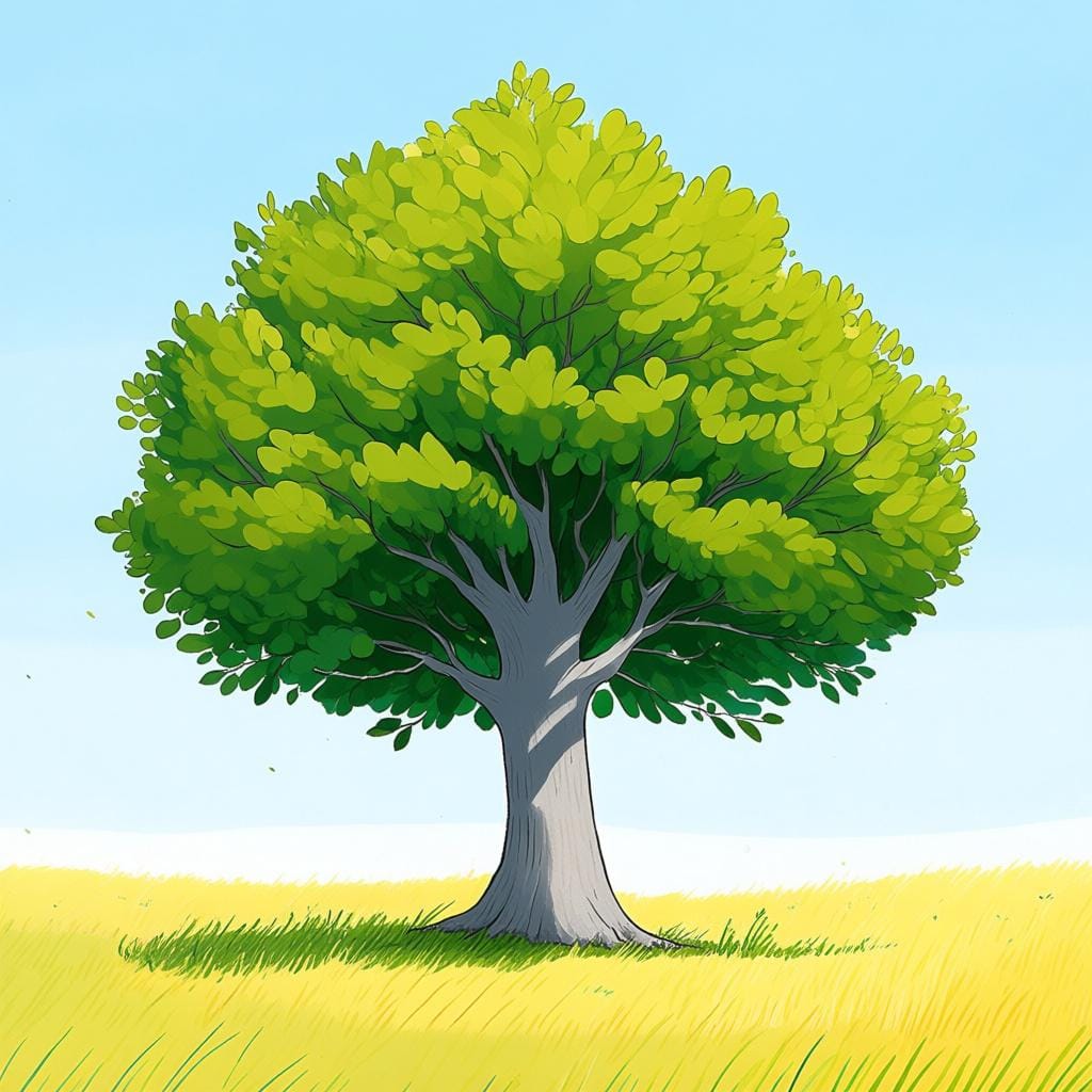 A tall, strong beech tree with smooth, light gray bark and a dense canopy of green leaves, standing in a sunny meadow.