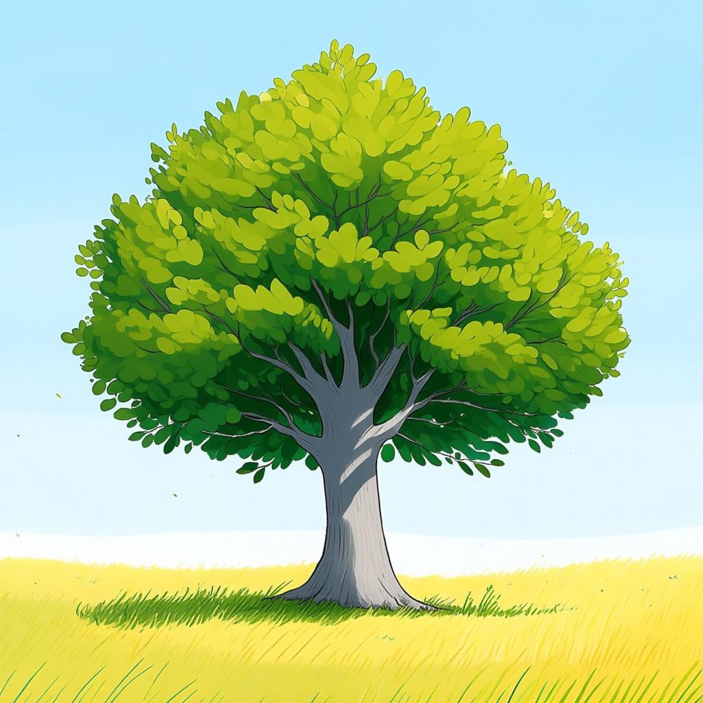 A tall, strong beech tree with smooth, light gray bark and a dense canopy of green leaves, standing in a sunny meadow.