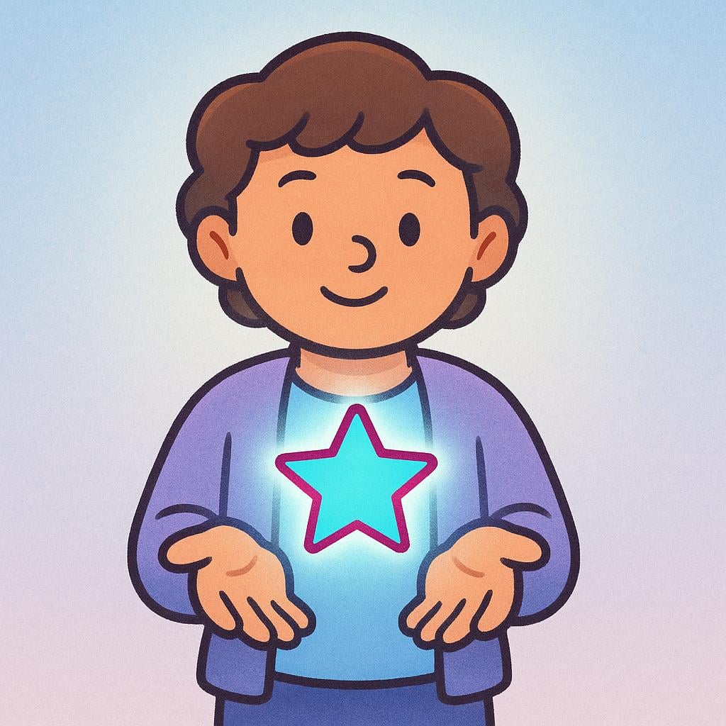 A simple colorful storybook illustration of a person holding their hands out, presenting a small, brightly colored star floating above their palms, symbolizing the introduction of a hypothetical idea.