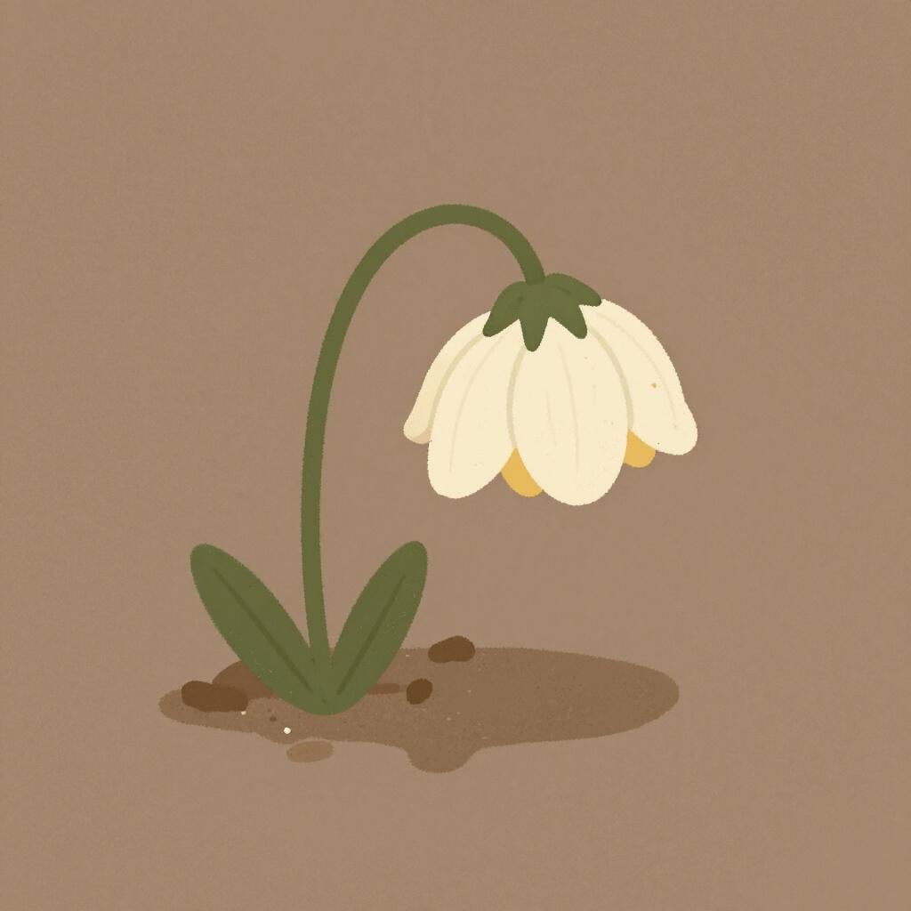 A small, wilted flower drooping low to the ground in a barren landscape.