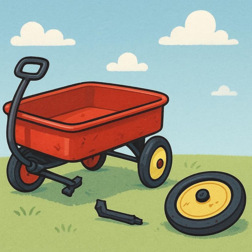 A bright red toy wagon lying on its side with one wheel completely broken off and resting next to it.