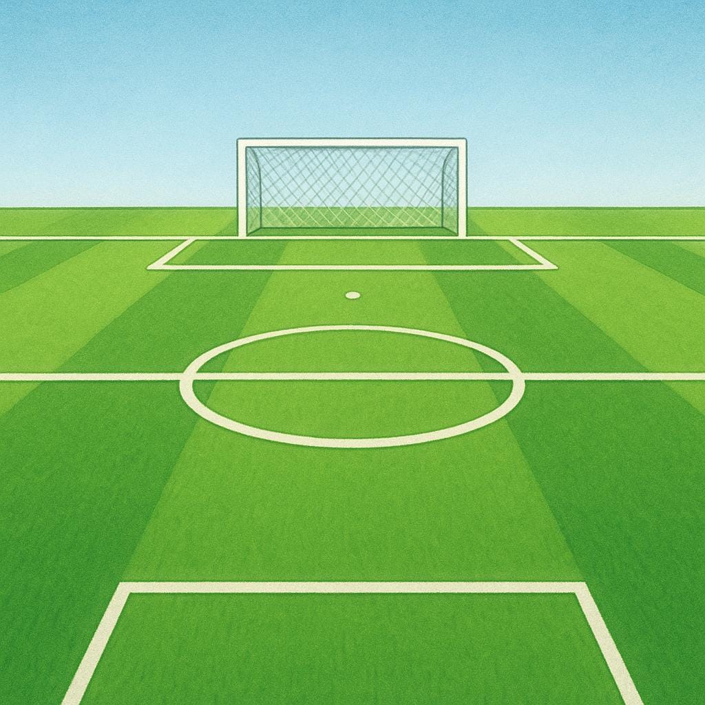 A bright green soccer field (pitch) with clear white boundary lines and a white goal net, ready for a game.