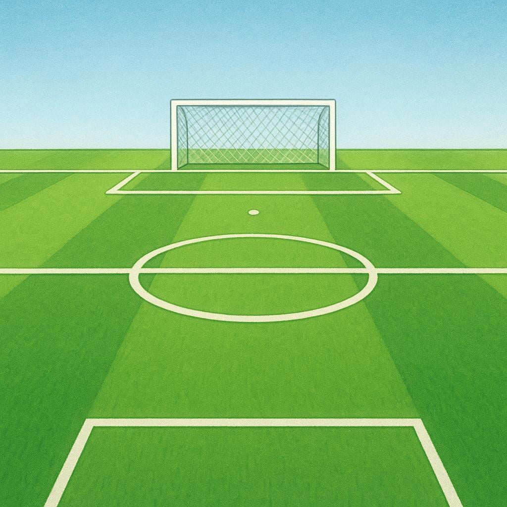 A bright green soccer field (pitch) with clear white boundary lines and a white goal net, ready for a game.