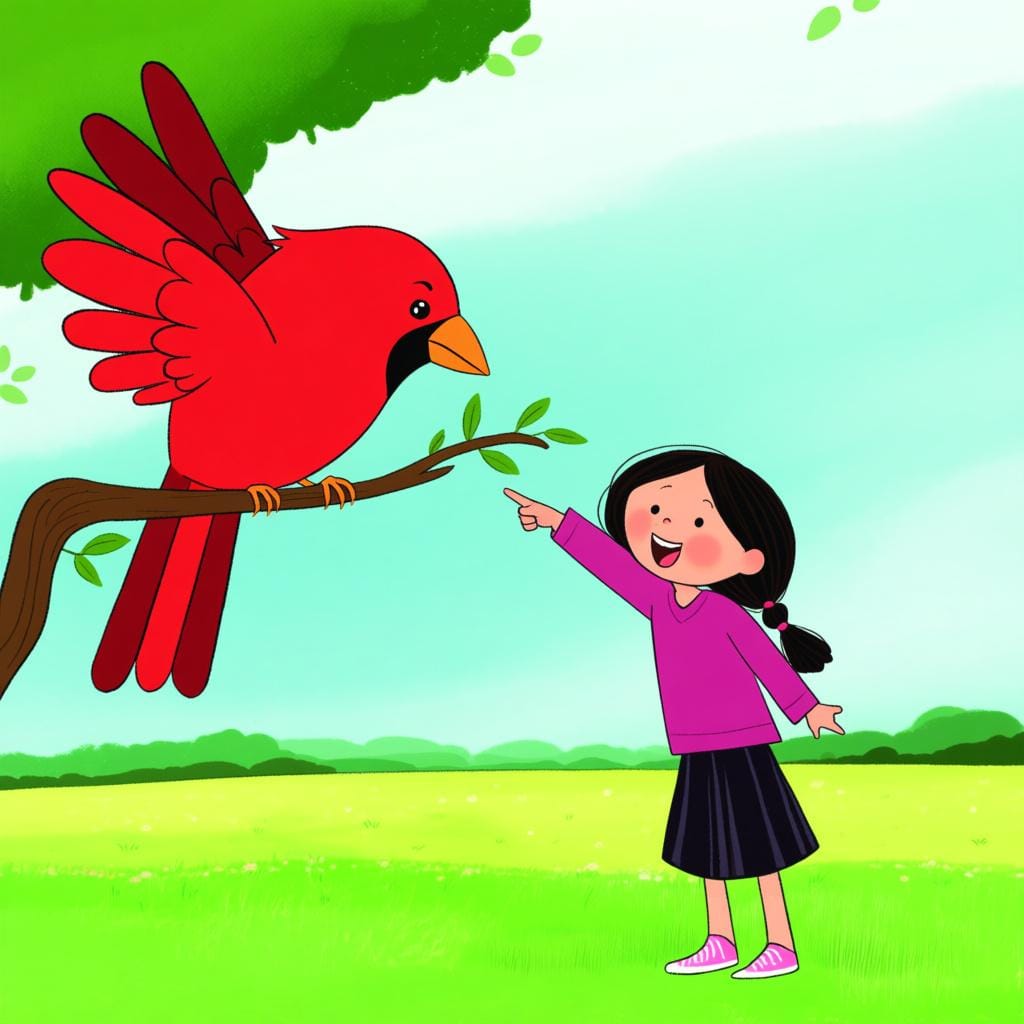A young girl standing in a sunny field, pointing excitedly at a brightly colored red bird perched on a high tree branch, illustrating the completed past action of seeing.