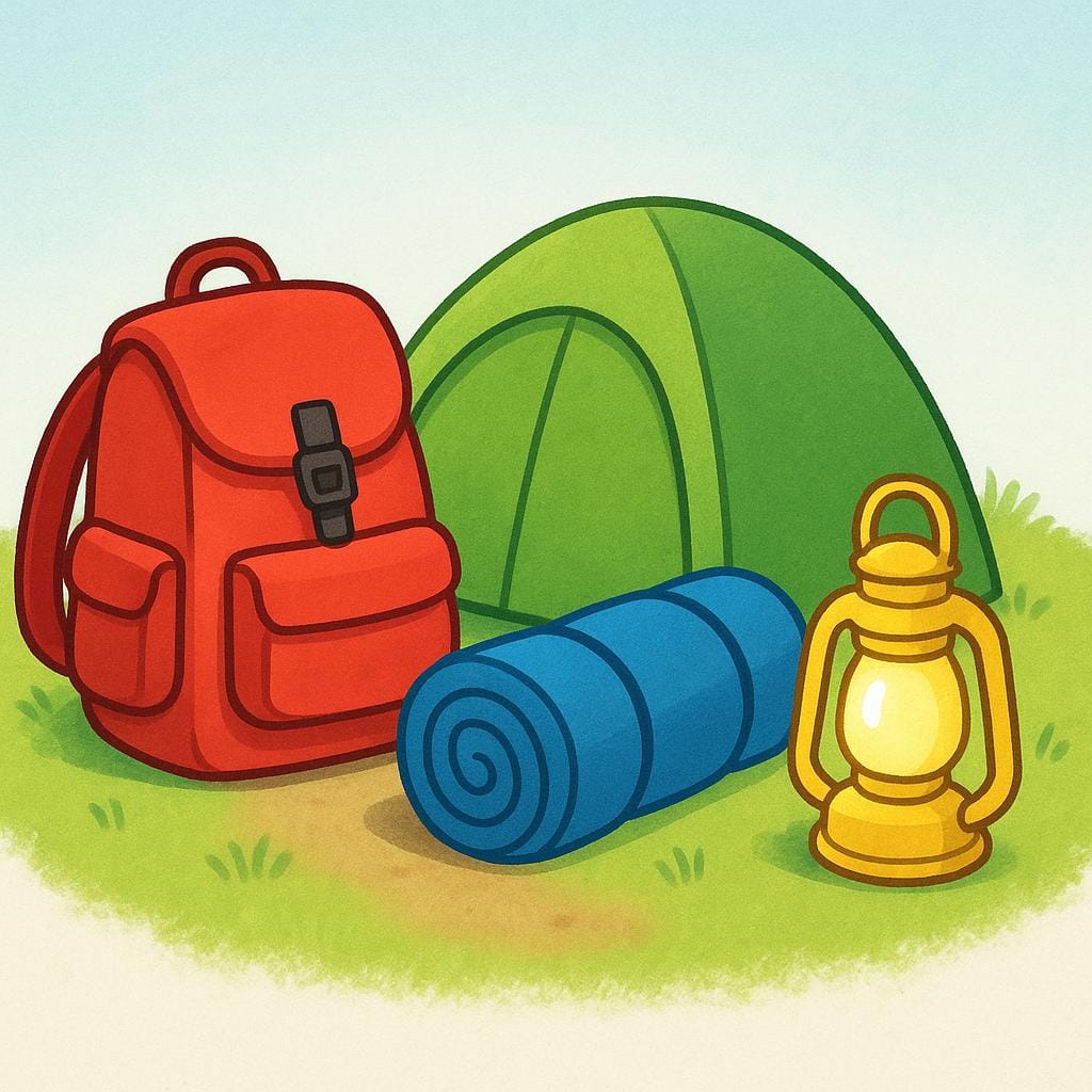 A storybook illustration showing essential camping equipment, including a bright red backpack, a small tent, a rolled sleeping bag, and a lantern, neatly arranged on the ground.