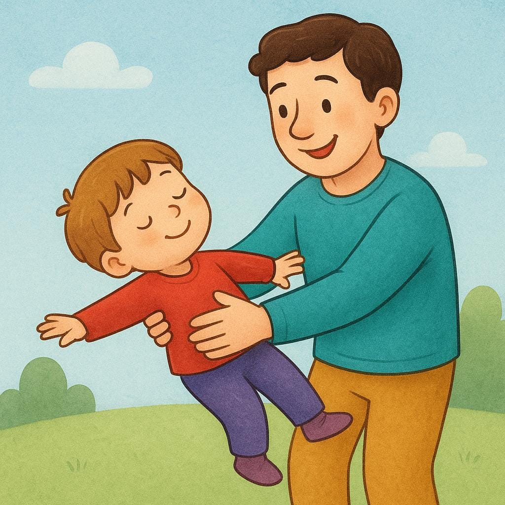 A simple, colorful storybook illustration showing a young child doing a trust fall with their eyes closed, being safely and gently caught by a smiling adult standing directly behind them.