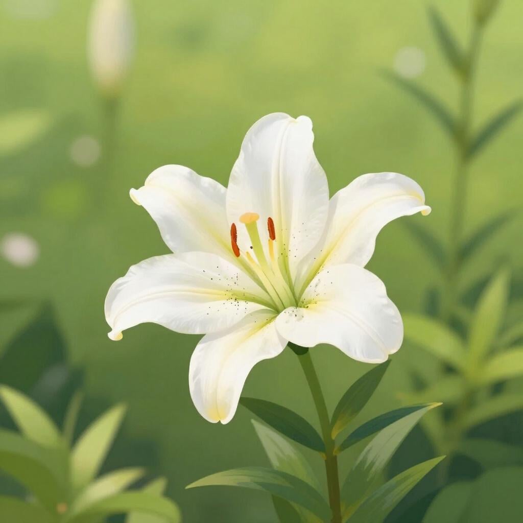 A single, pure white lily flower blooming in a bright, clean garden.