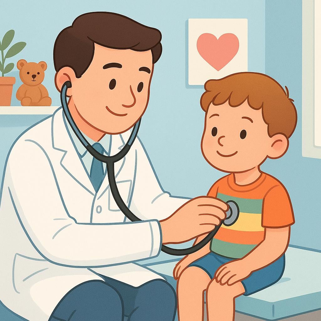A friendly doctor using a stethoscope to listen to the chest of a young child.