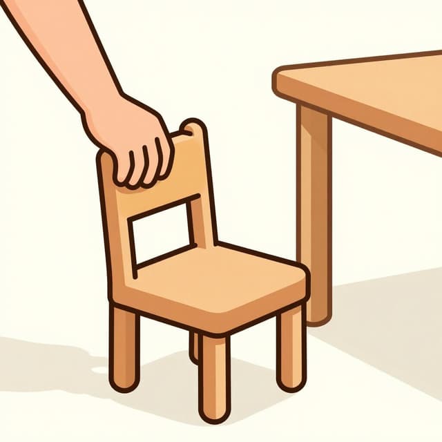 A hand gently moving a small wooden chair closer to a wooden table.