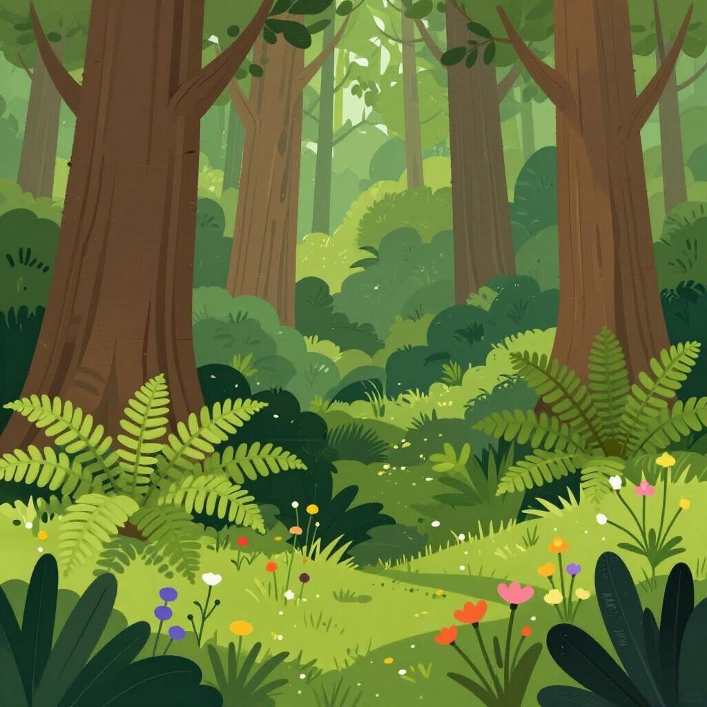 Une forêt luxuriante montrant une variété de plantes indigènes et d'arbres anciens poussant naturellement.