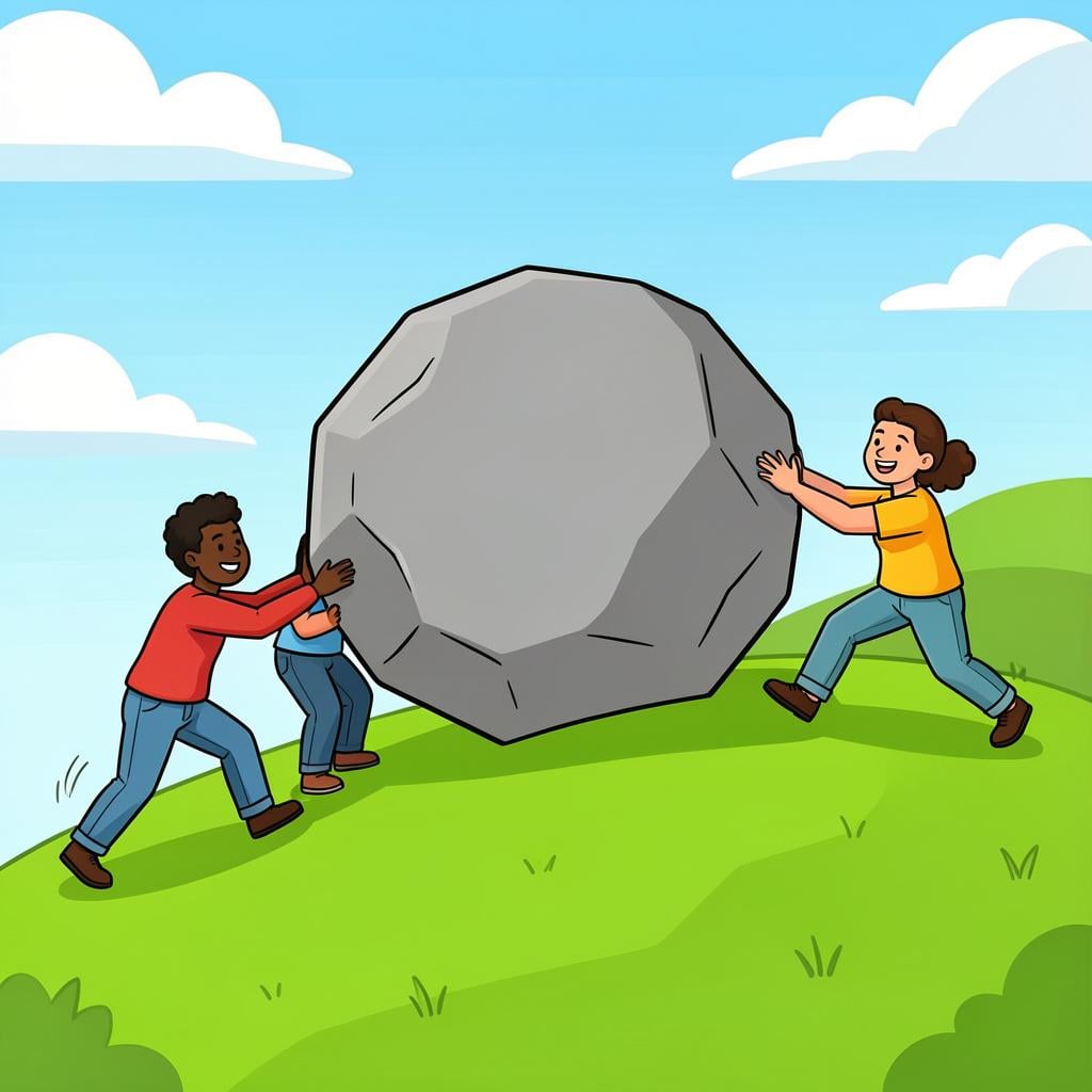 A group of people together pushing a very large, heavy boulder up a grassy hill.