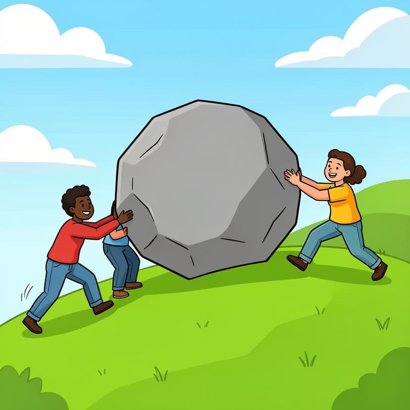 A group of people together pushing a very large, heavy boulder up a grassy hill.
