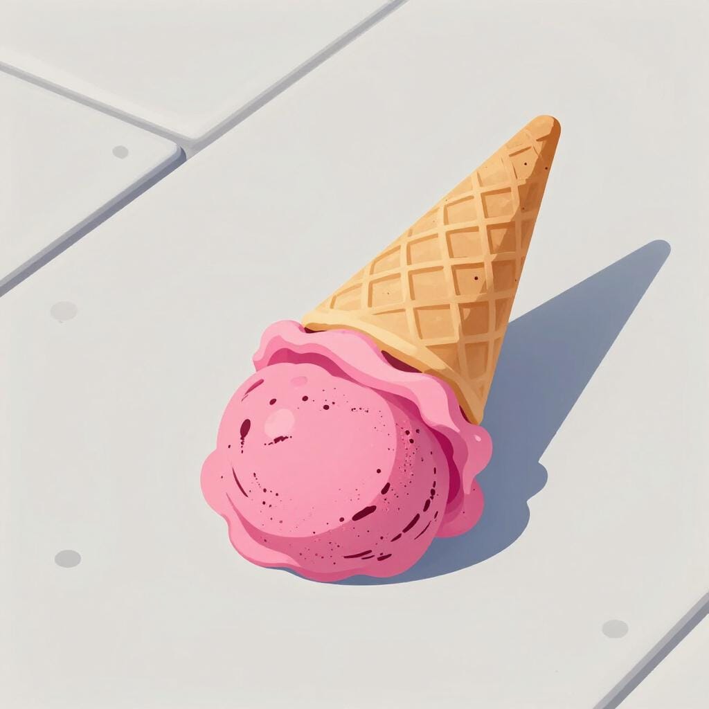 Un cono gelato caduto che si scioglie sul marciapiede.