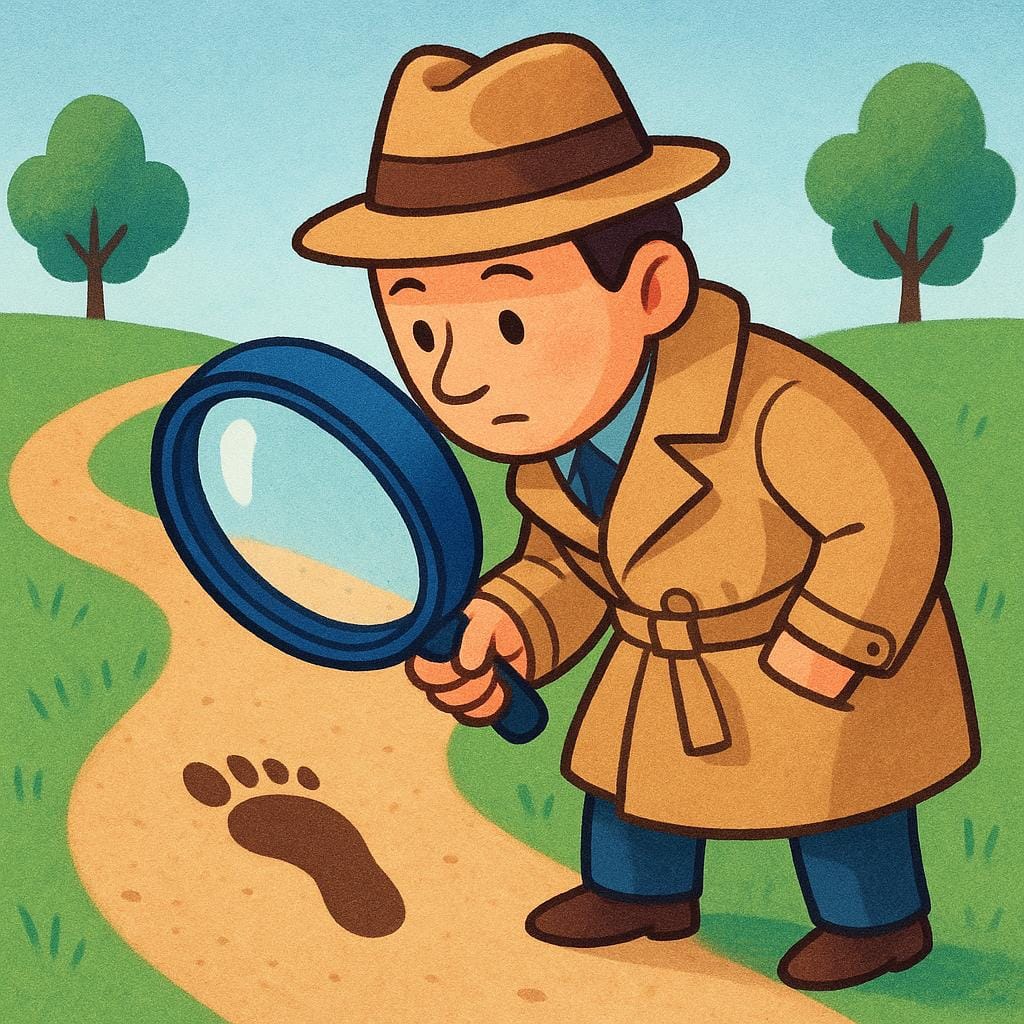 Um detetive de desenho animado vestindo um sobretudo e chapéu, ajoelhado e usando uma lupa grande para examinar de perto uma única pegada em um caminho de terra.