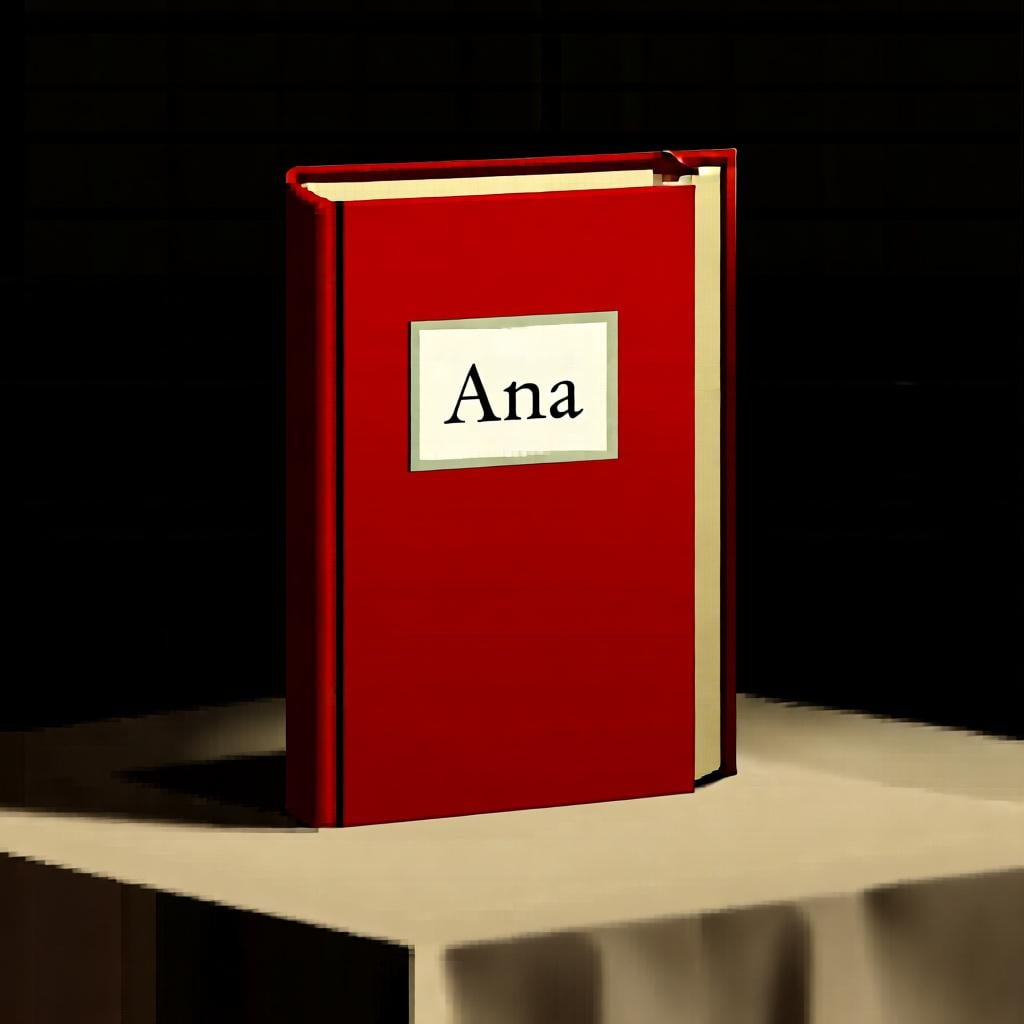 A red book with a simple name tag that says 'Ana', showing that the book belongs to her.