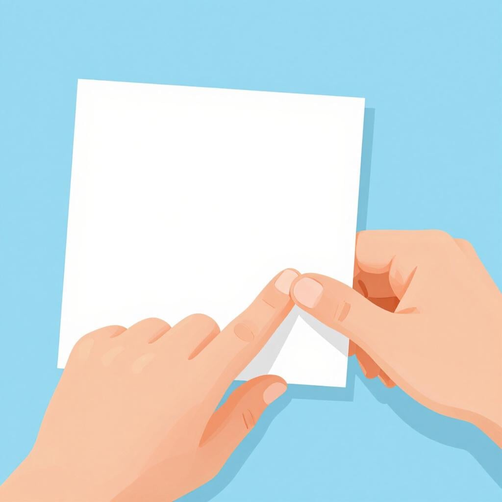 A hand turning over a sheet of paper to reveal the blank back side.