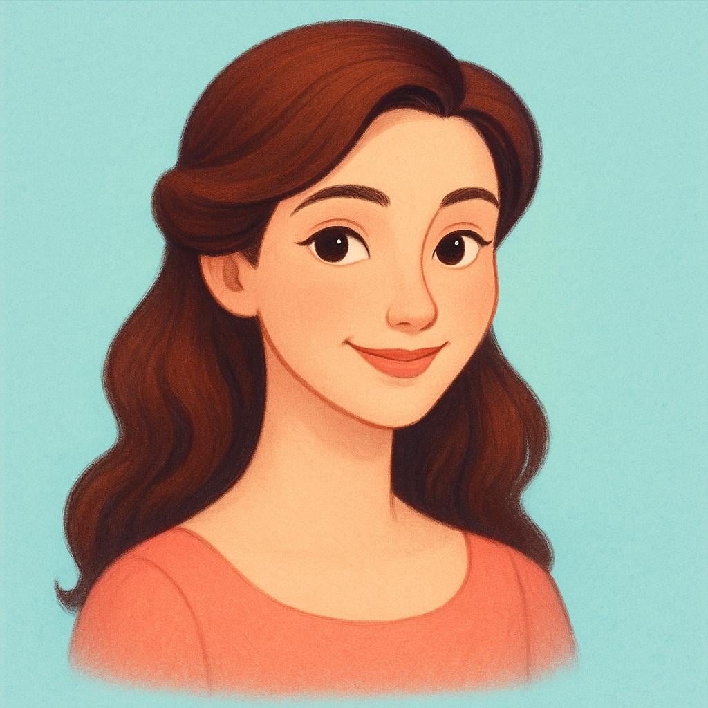 A portrait of a charming young woman with a pleasant expression and stylized hair, depicted in a storybook style.