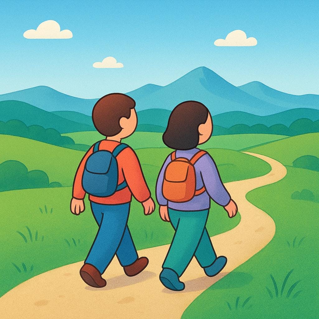 Twee vrolijke, gestileerde mensen lopen zij aan zij over een kronkelend pad naar een verre groene heuvel, wat beweging en reizen suggereert.