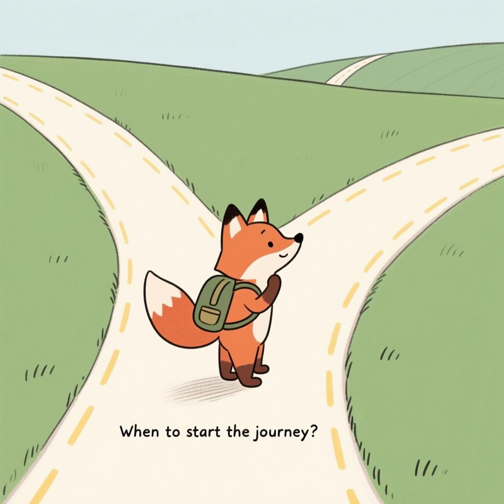 Ein freundlicher Fuchs mit Rucksack steht an einer Weggabelung und blickt nachdenklich einen Weg hinunter, was die Frage symbolisiert, wann eine Reise beginnen soll.