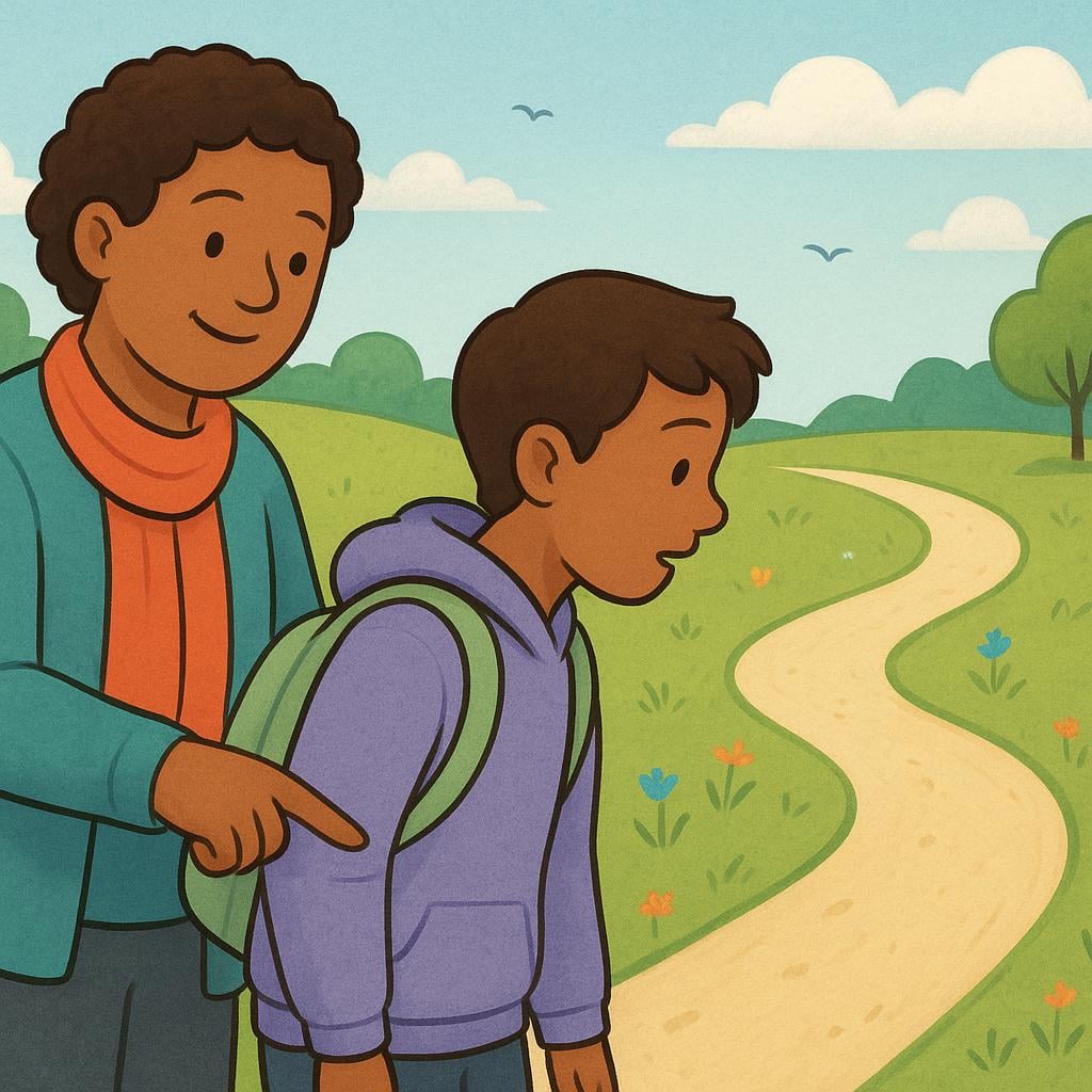 A kind adult figure standing beside a clear dirt path, extending an arm to indicate the direction the path goes to a smaller figure.