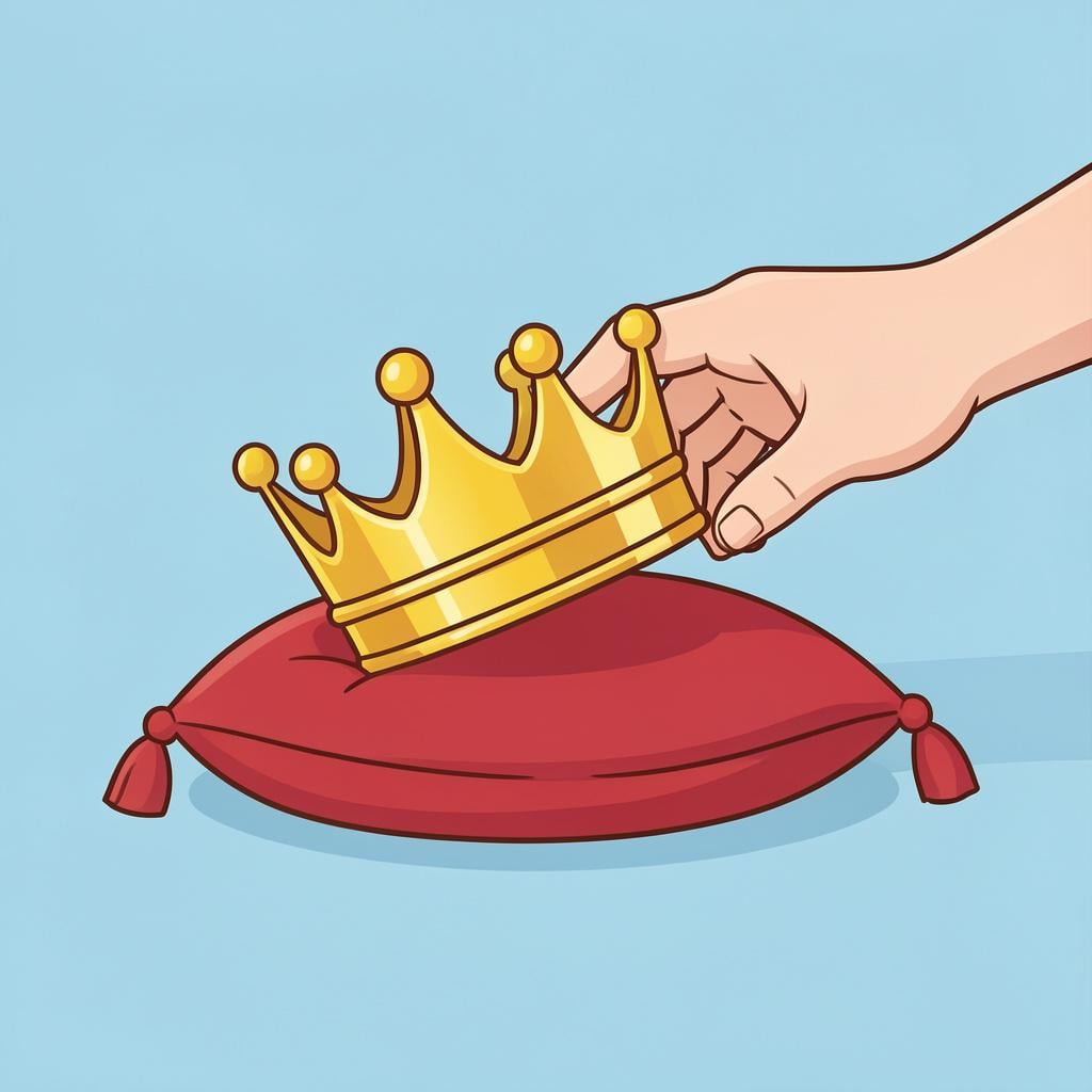 A tall golden crown sitting on a red velvet cushion being tipped over by a hand.