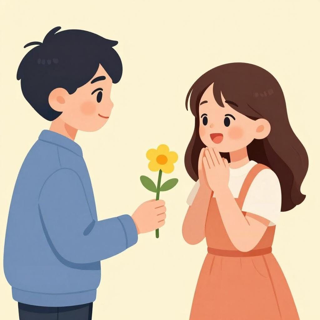 A person handing a bright yellow flower to a smiling friend.