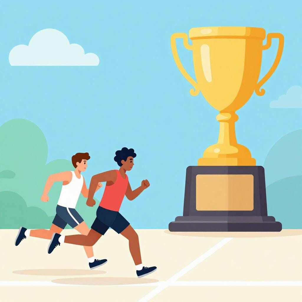 Deux athlètes courant vers un trophée doré sur un piédestal.