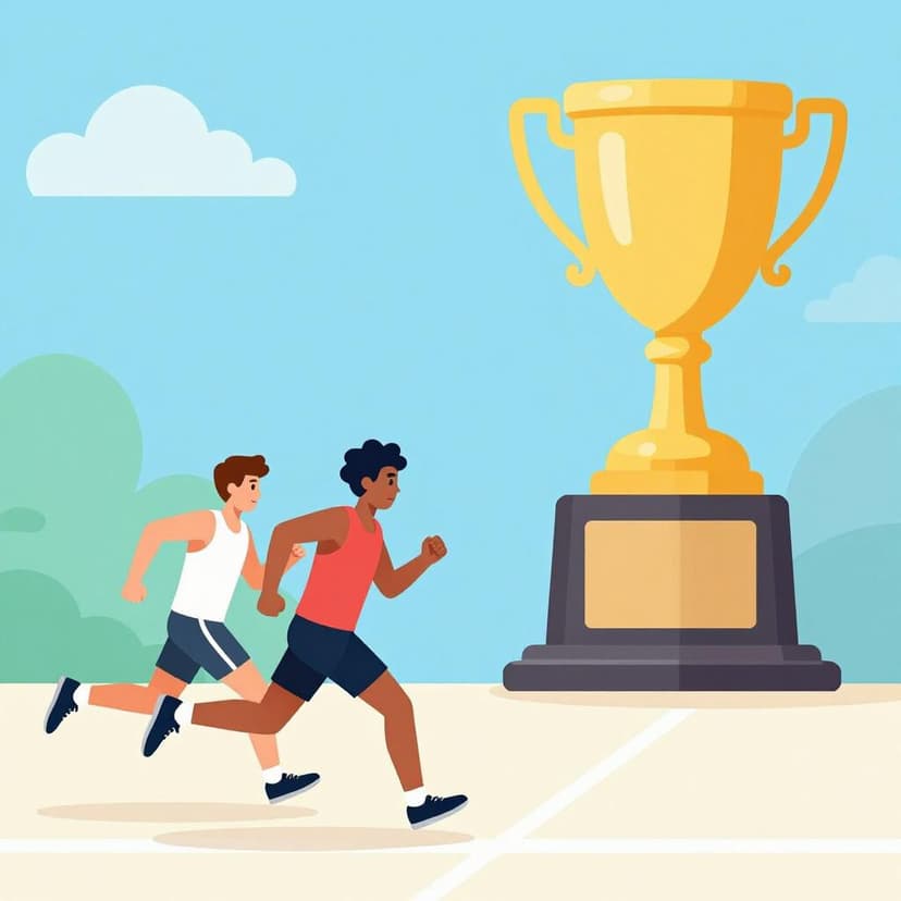 Two athletes racing toward a golden trophy on a pedestal.