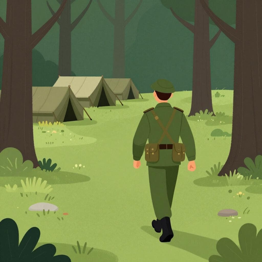 Un soldat solitaire en uniforme vert s'éloignant d'un camp militaire la nuit, portant un petit sac.