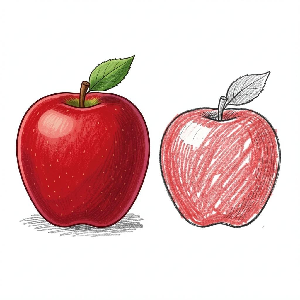 A hand-drawn sketch of a red apple placed next to a real red apple.