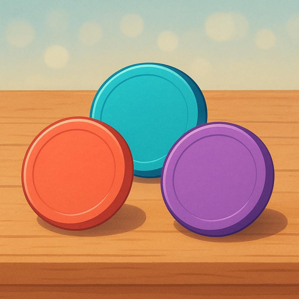 A simple visual representation of scoring, showing three distinct circular score tokens placed in a designated scoring area, indicating accumulated points in a game.