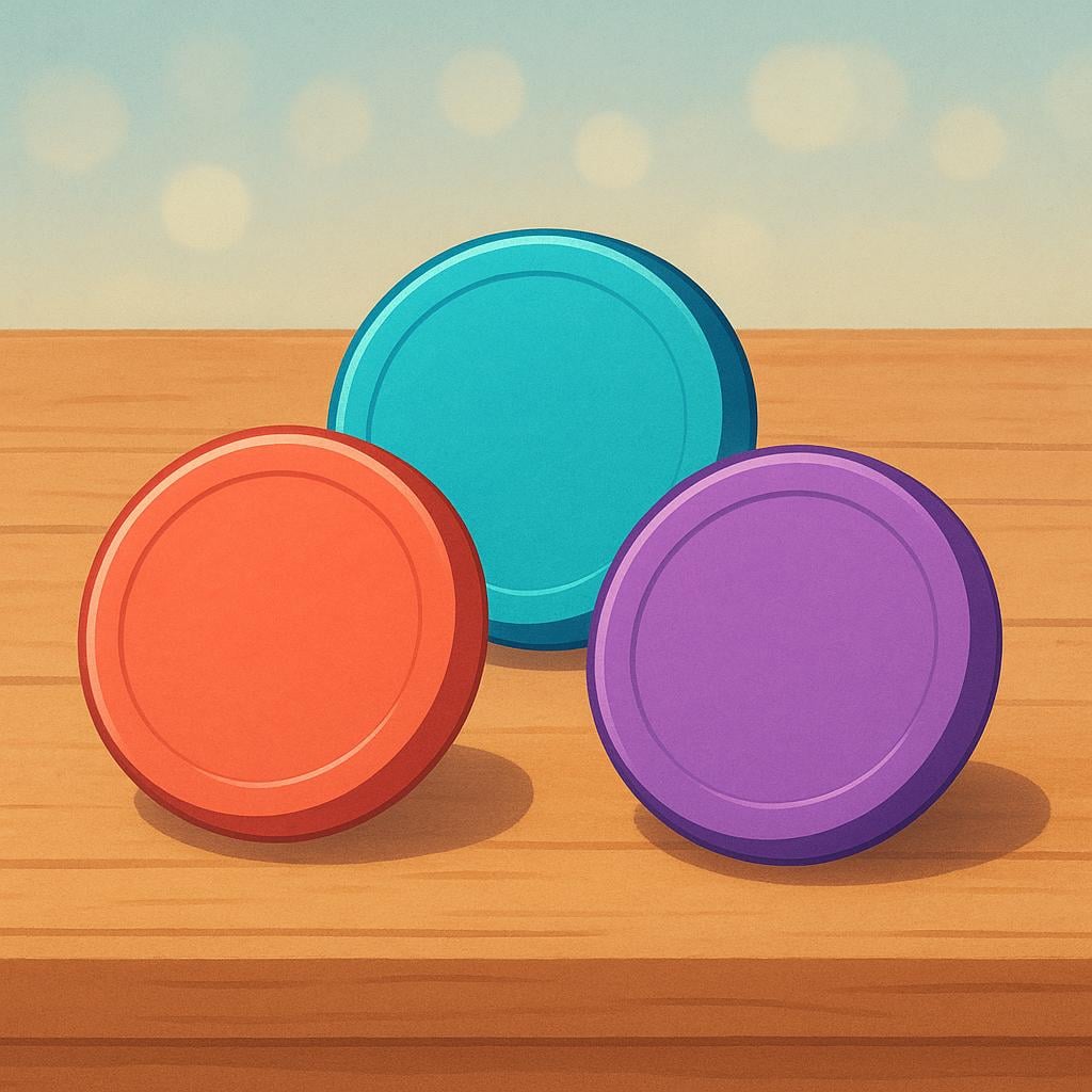 A simple visual representation of scoring, showing three distinct circular score tokens placed in a designated scoring area, indicating accumulated points in a game.