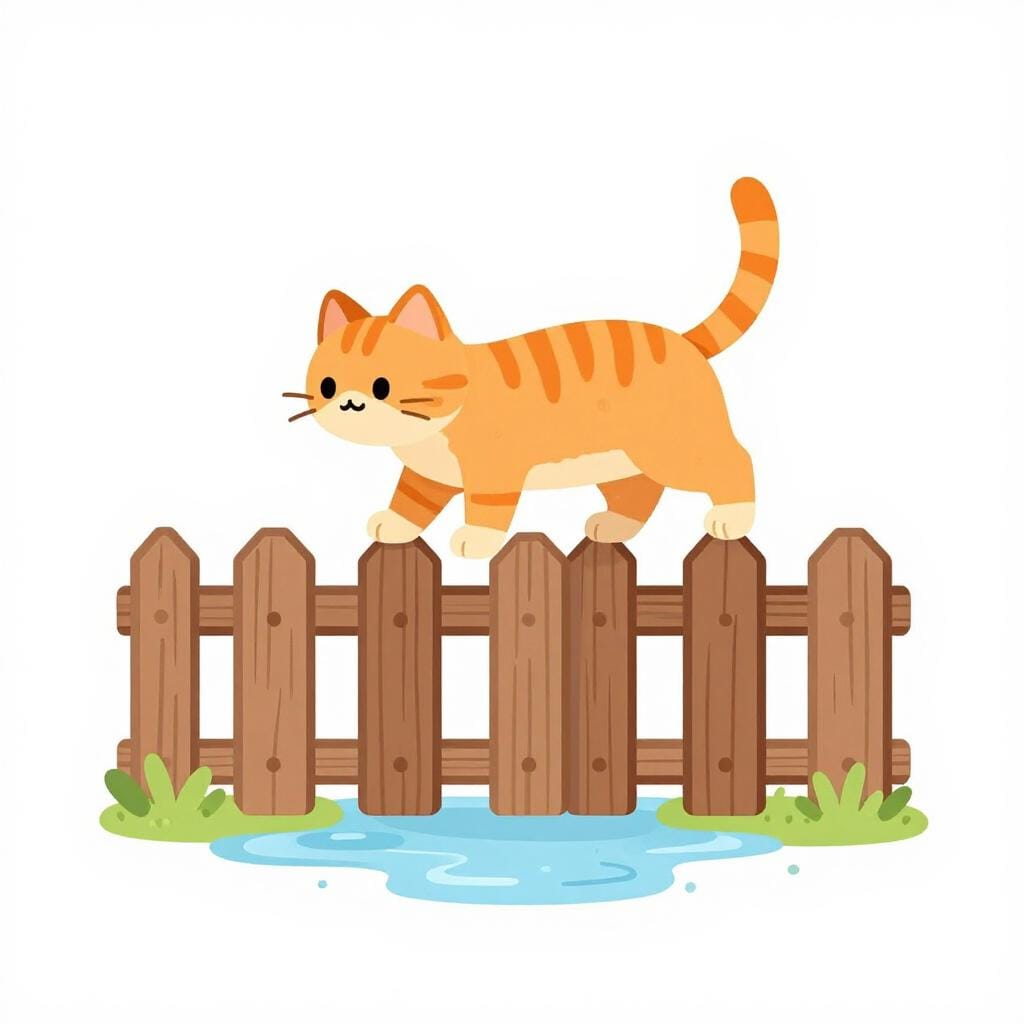 Um pequeno gato andando cuidadosamente sobre uma cerca de madeira estreita para chegar à segurança.