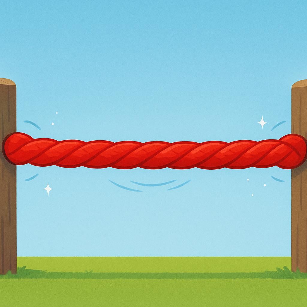 A thick, bright red rope pulled extremely taut between two solid anchor posts, visibly vibrating from the strain.